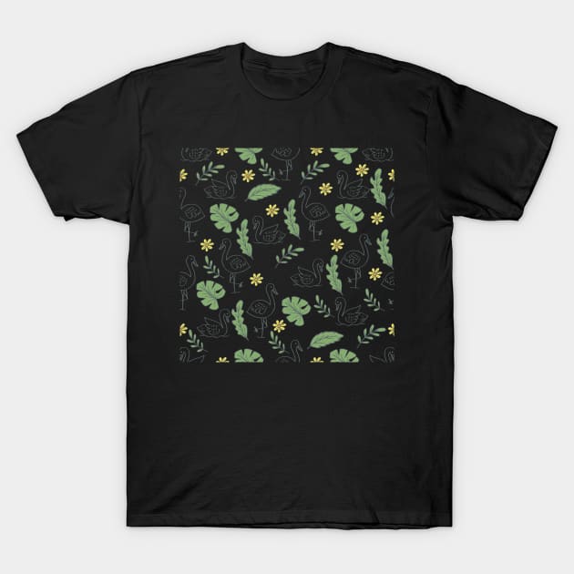 Summer flamingo and leaves seamless pattern. T-Shirt by Handini _Atmodiwiryo